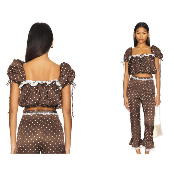 For Love & Lemons Chocolate polk a Dot Top  saatin lace trim size M NWT $179msrp - Picture 3 of 8